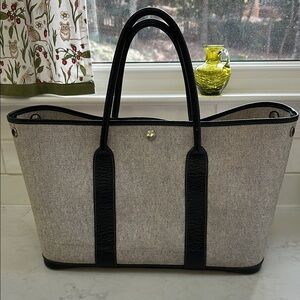 Hermes Beige and Black Canvas Tote
